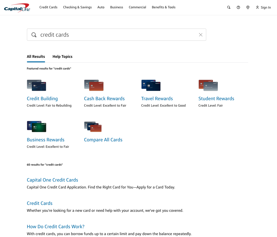 Search results card with a dynamic credit card product upsell